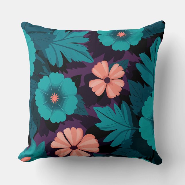 Teal and Peach Floral Pattern on Purple Background Cushion (Front)