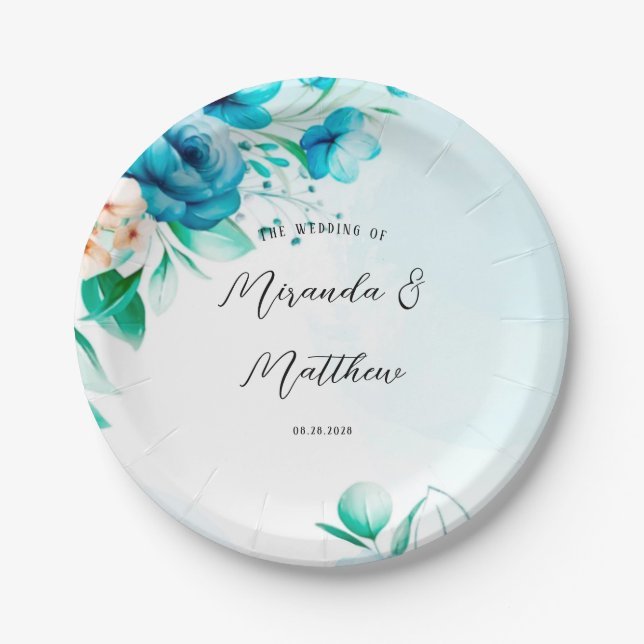 Teal and Peach Watercolor Floral Wedding Paper Plate (Front)