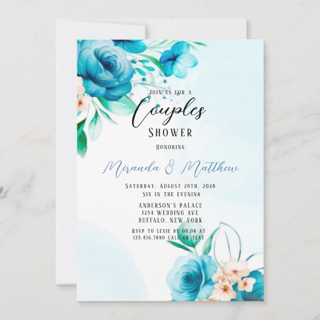 Teal and Peach Watercolor Florals Couples Shower Invitation (Front)