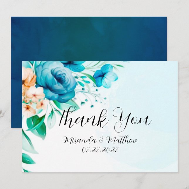 Teal and Peach Watercolor Florals Thank You Cards (Front/Back)