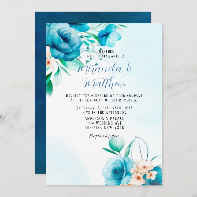 Teal and Peach Watercolor Florals Wedding Invitati Invitation (Front/Back)