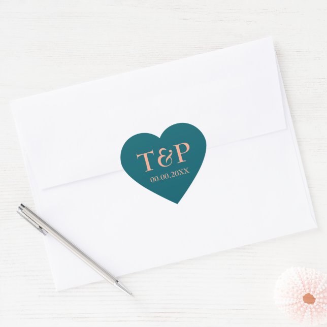 Teal and peach wedding heart seal favour stickers (Envelope)