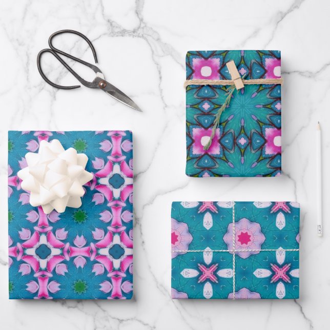 Teal and pink abstract star pattern wrapping paper sheet (Front)