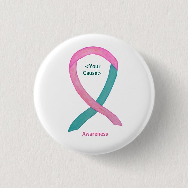 Teal and Pink Awareness Ribbon Pin Buttons (Front)