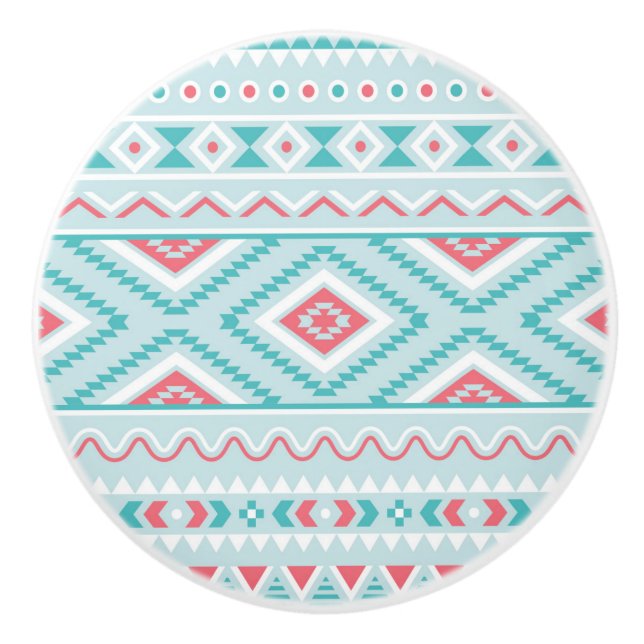 Teal and Pink Aztec Tribal Pattern Ceramic Knob (Front)