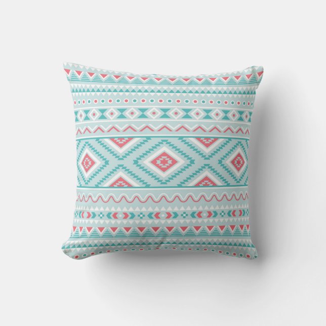 Teal and Pink Aztec Tribal Pattern Cushion (Front)