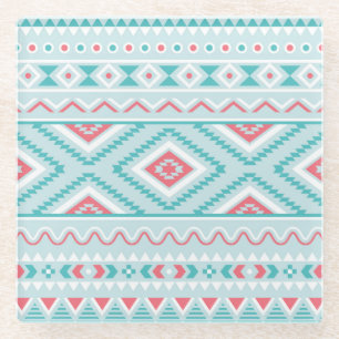 Teal and Pink Aztec Tribal Pattern Glass Coaster