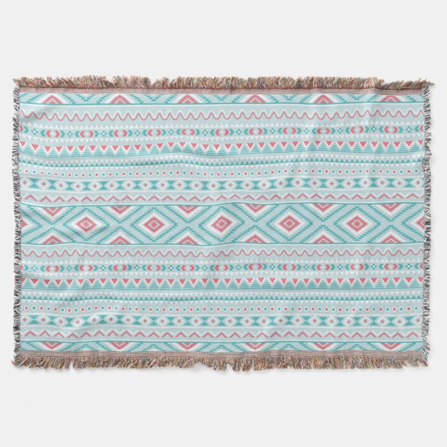 Teal and Pink Aztec Tribal Pattern Throw Blanket (Front)