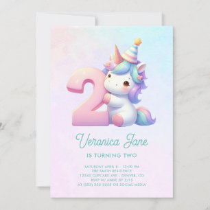 Teal and Pink Cute Unicorn 2nd Birthday Invitation