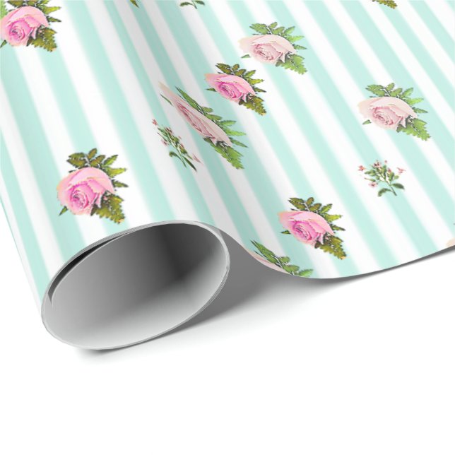 Teal and Pink Floral Chic Roses Striped Gift Wrap (Roll Corner)