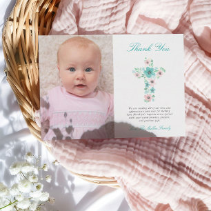 Teal and Pink Floral Cross Baptism Photo Thank You Card