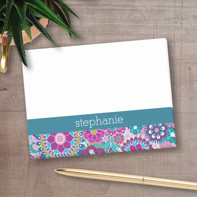 Teal and Pink Floral Pattern - Add Your Name Post-it Notes (Personalized Post-It Notes - add name or other text)