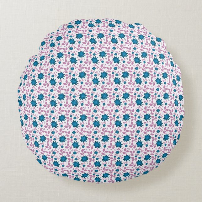 Teal and Pink Floral Pattern | Modern Botanical  Round Cushion (Front)