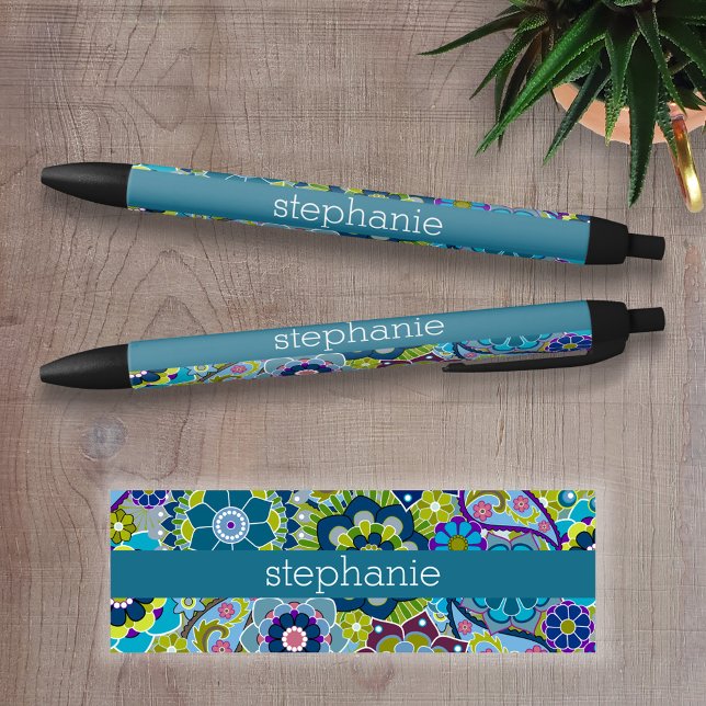 Teal and Pink Floral Pattern with Custom Baby Name Black Ink Pen (Personalized Writing Pen )