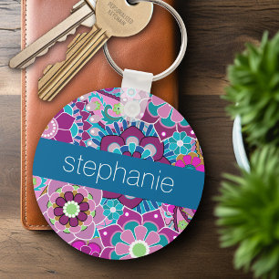Teal and Pink Floral Pattern with Custom Baby Name Key Ring