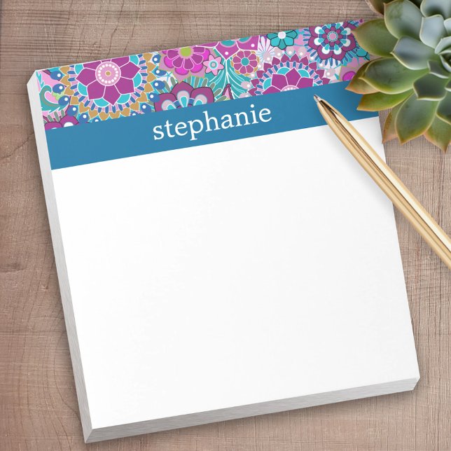 Teal and Pink Floral Pattern with Custom Baby Name Notepad (Personalized Notepad)