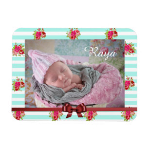 Teal and Pink Floral Vintage Print Photo Magnet