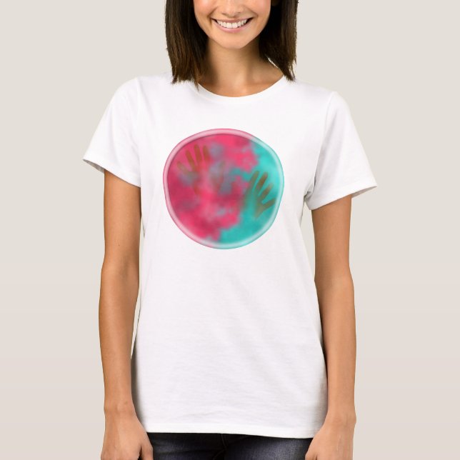 Teal and Pink Holi Hai Powder and Hands T-Shirt (Front)