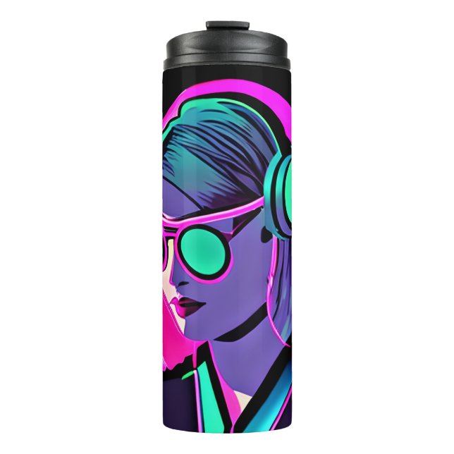 Teal and Pink Lady in Headphones Jamming to Music Thermal Tumbler (Front)