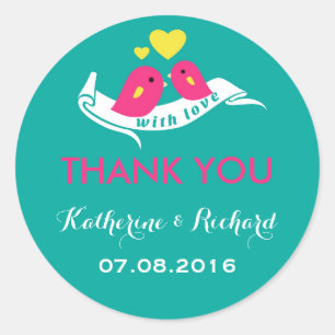 Teal and Pink Love Birds Wedding Favour Sticker