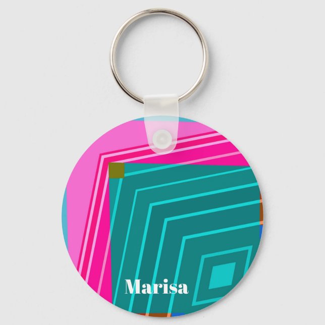 Teal and Pink Modern Geometric Key Ring (Front)