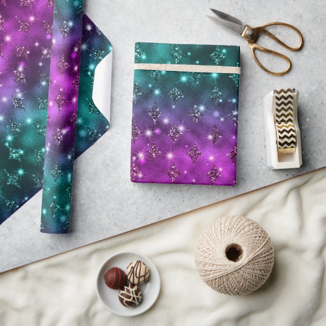 Teal and Pink Ombre Glitter Celestial Pattern Wrapping Paper (Crafts)