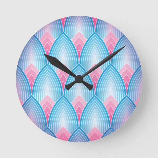 Teal And Pink Petal Pattern Round Clock (Front)