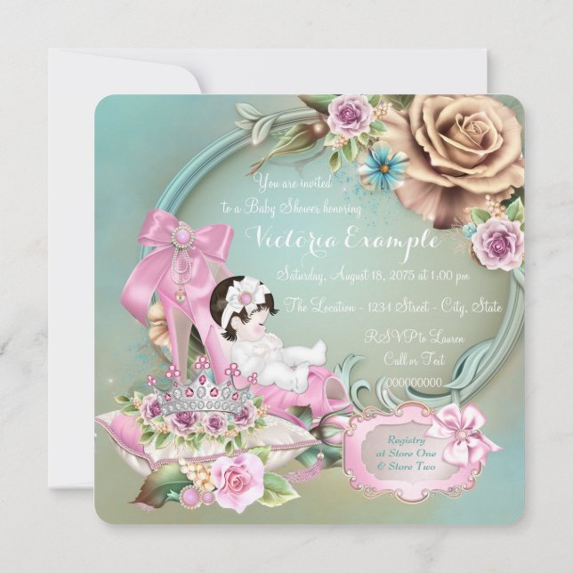 Teal and Pink Shoe Rose Baby Shower Invitation (Back)