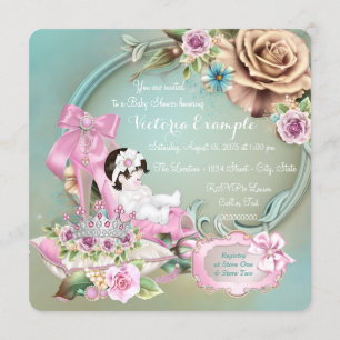 Teal and Pink Shoe Rose Baby Shower Invitation
