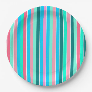 Teal and Pink Stripes Paper Plate