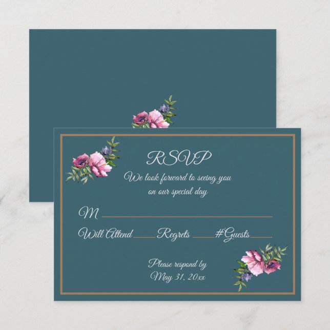 Teal and Pink Watercolor Flowers Invitation (Front/Back)
