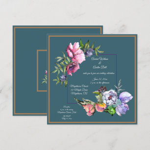 Teal and Pink Watercolor Flowers Invitation