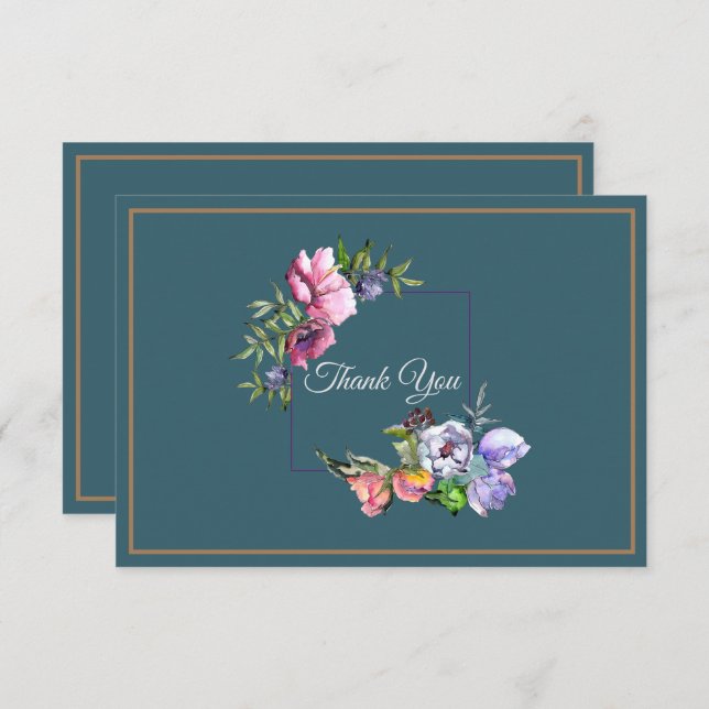 Teal and Pink Watercolor Flowers Invitation (Front/Back)