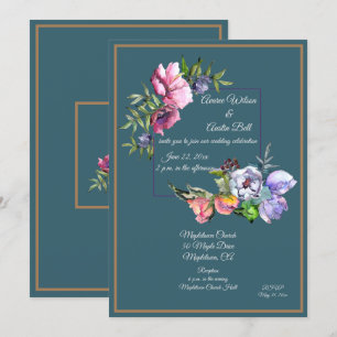 Teal and Pink Watercolor Flowers Invitation