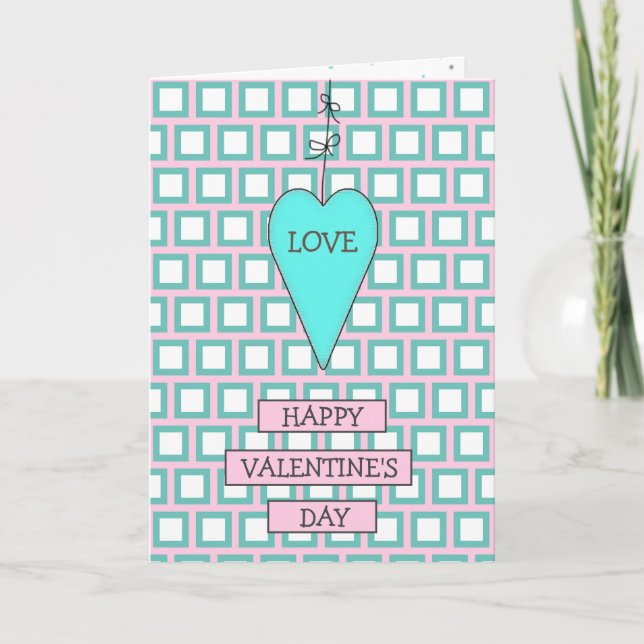 Teal and Pink Whimsical Heart and Bows Valentine's Card (Front)