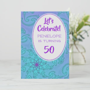 Teal and Plum Fractal Floral Pattern 50th Birthday Invitation