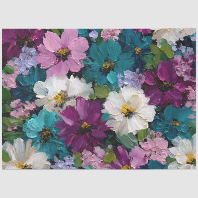 Teal and Plum Painterly Garden Tissue Paper (Front)
