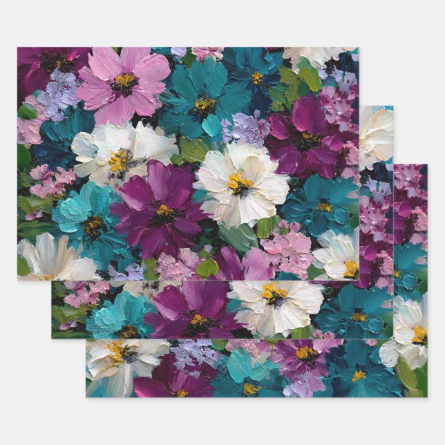 Teal and Plum Painterly Garden Wrapping Paper Sheet (Set)