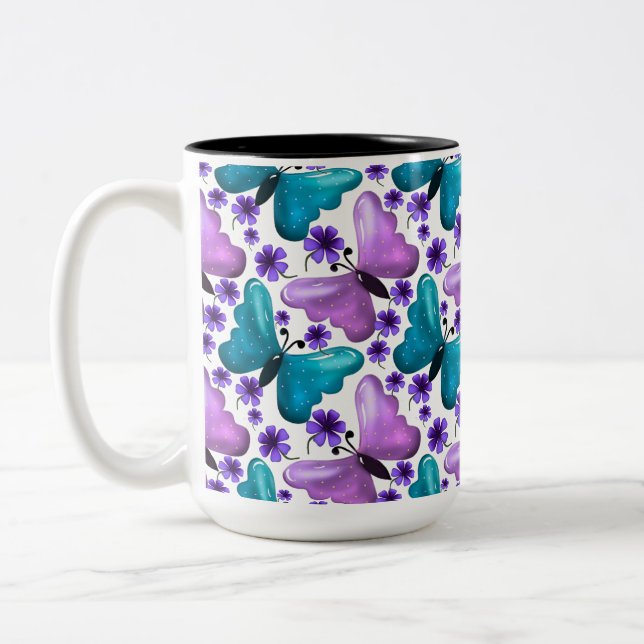 Teal and purple butterfly floral pattern  Two-Tone coffee mug (Left)