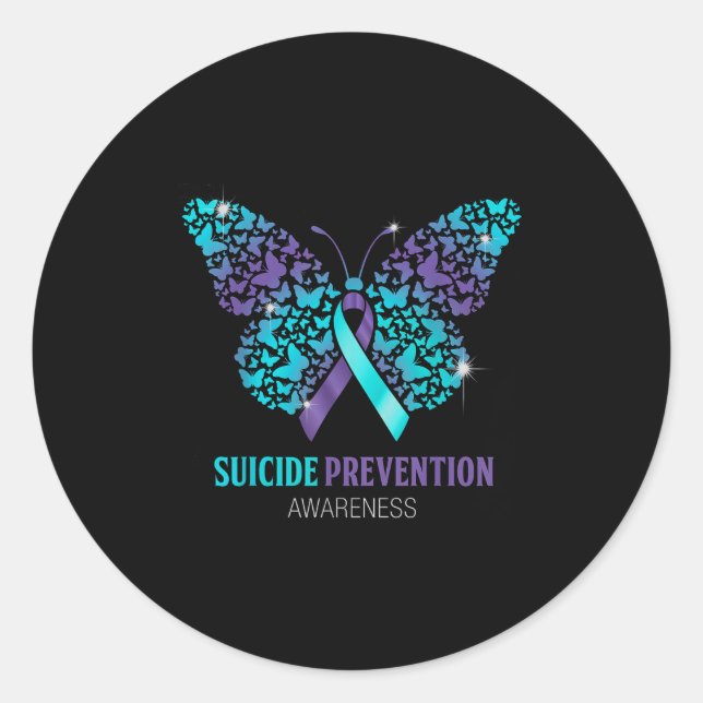 Teal And Purple Butterfly Suicide Prevention Aware Classic Round Sticker (Front)