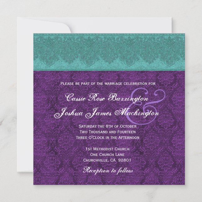 Teal and Purple Damask Monogram Wedding V15 Invitation (Front)