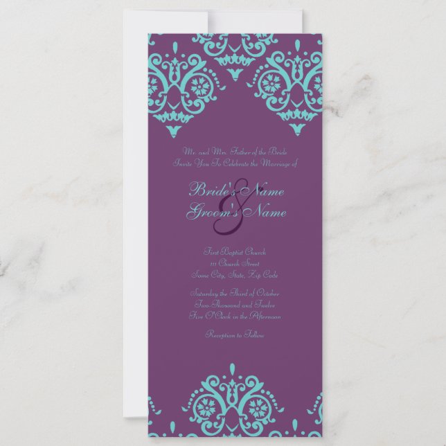 Teal and Purple Damask Wedding Invitation (Front)
