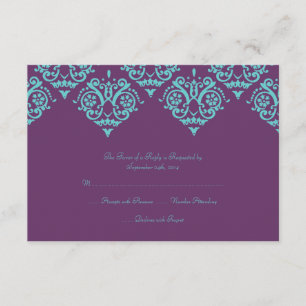 Teal and Purple Damask Wedding RSVP card