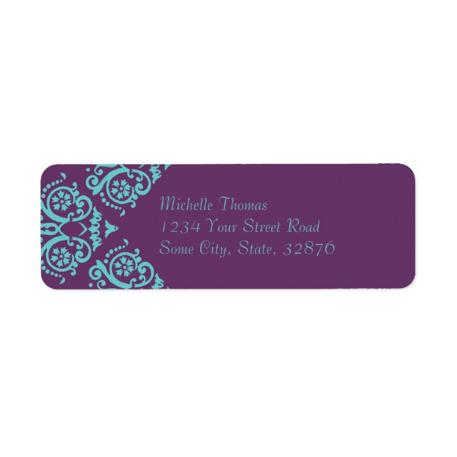 Teal and Purple Elegant Damask Return Address (Front)