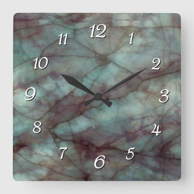 Teal and Purple Fluorite Marble Square Wall Clock (Front)