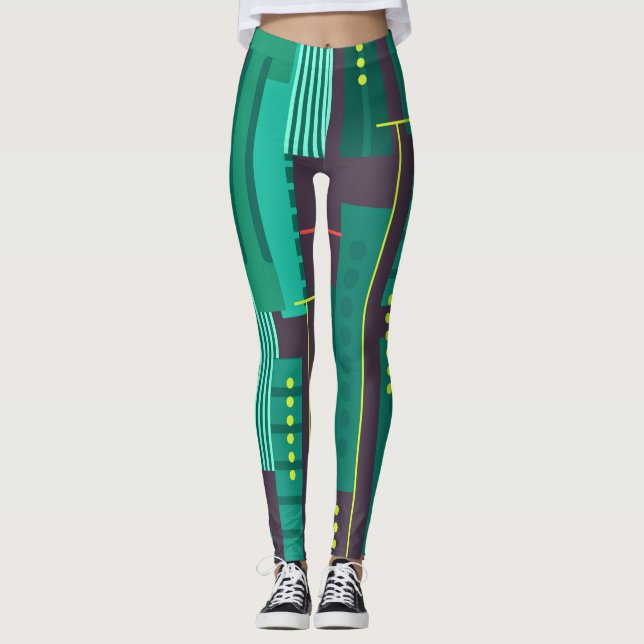 Teal and Purple Geometric Pattern Workout Leggings (Front)