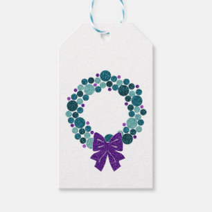 Teal and Purple Glittery Wreath of Ornaments Gift Tags