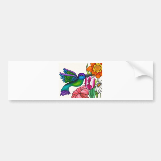 Teal and Purple Hummingbird with Flowers Bumper Sticker (Front)