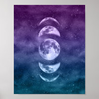 Teal and Purple Lunar Moon Phases Celestial Art