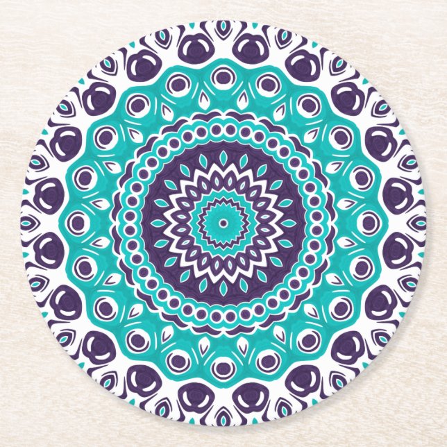 Teal and Purple Mandala Bold Geometric Symmetry Round Paper Coaster (Front)